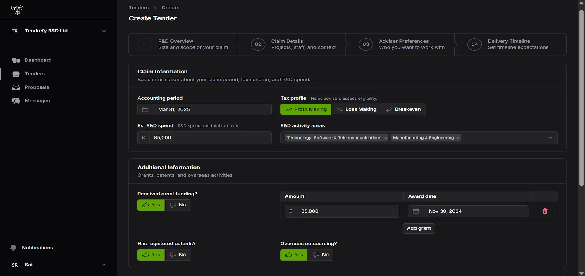 The Tenderfy platform showing the guided form for creating an R&D tax tender — claim period, R&D spend, tax profile and activity areas.