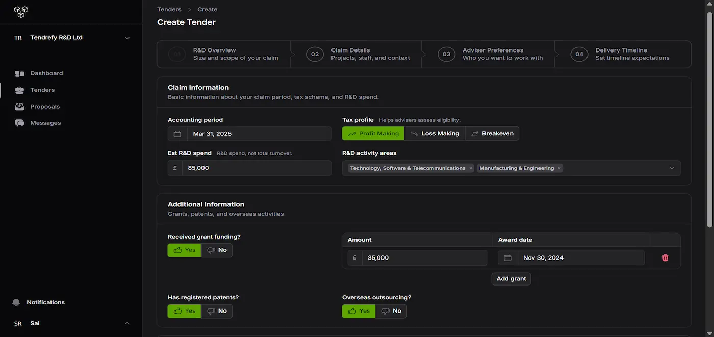 The Tenderfy platform showing the guided form for creating an R&D tax tender — claim period, R&D spend, tax profile and activity areas.