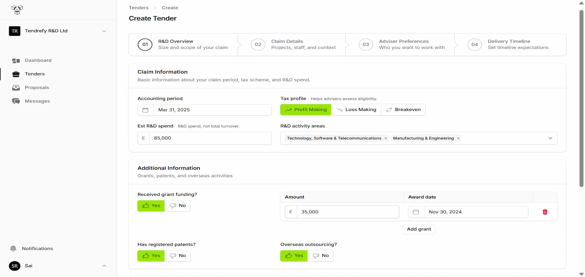 The Tenderfy platform showing the guided form for creating an R&D tax tender — claim period, R&D spend, tax profile and activity areas.