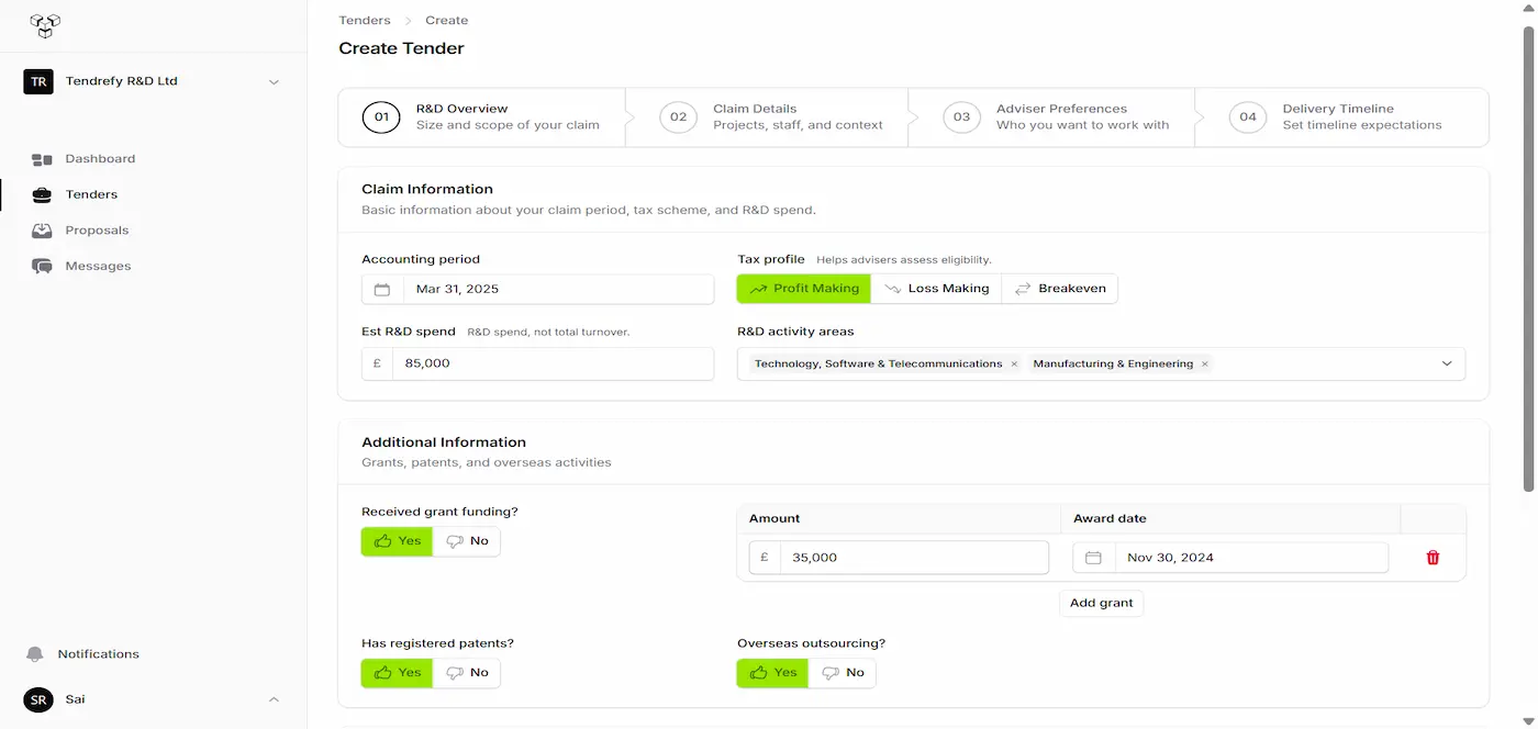 The Tenderfy platform showing the guided form for creating an R&D tax tender — claim period, R&D spend, tax profile and activity areas.